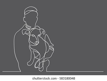 continuous line drawing of owner holding his dog