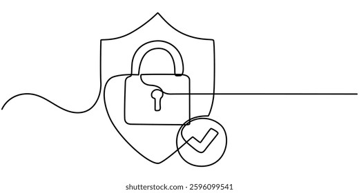 Continuous line drawing of padlock. Closed lock. One drawing. Single line art. Vector illustration, Shield, Protection, Security Continuous Line, Lock continuous one drawing Isolated pro.   