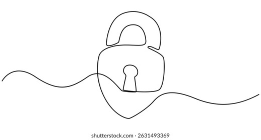 Continuous line drawing of padlock. Lock linear icon. One line drawing background. Vector illustration. Lock continuous line icon, Continuous one line drawing of metal padlock. Padlock security sign