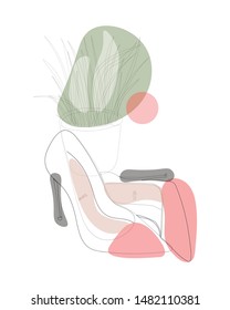 continuous line drawing of pair of shoes in high heels. One line drawing abstract fvector art shoes with spots. Modern continuous line art of women foot, minimalist contour. Great for home decor such
