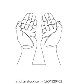 Continuous line drawing of palm hand of an islamic praying for ramadan and ied mubarak. Vector illustration.