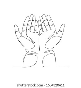 Continuous line drawing of palm hand of an islamic praying for ramadan and ied mubarak. Vector illustration.