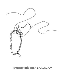 Continuous line drawing of palm hand hold islamic prayer bead. Single line art of ramadan kareem and ied mubarak concept. Vector illustration