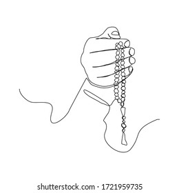 Continuous line drawing of palm hand hold islamic prayer bead. Single line art of ramadan kareem and ied mubarak concept. Vector illustration