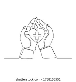 Continuous line drawing of palm hand holding medical cross and heart love. Vector illustration
