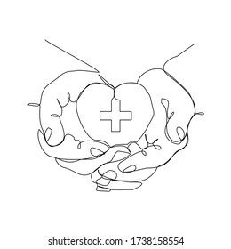 Continuous line drawing of palm hand holding medical cross and heart love. Vector illustration