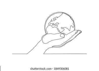 continuous line drawing of palm hand holding earth globe. One line concept of save nature ecology. Vector illustration