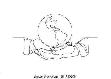 continuous line drawing of palm hand holding earth globe. One line concept of save nature ecology. Vector illustration