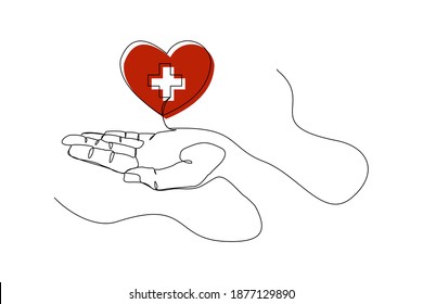 Continuous line drawing of palm hand holding medical cross and heart love. Vector illustration