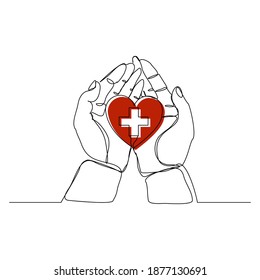 Continuous line drawing of palm hand holding medical cross and heart love. Vector illustration