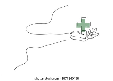 Continuous line drawing of palm hand holding medical cross. Vector illustration