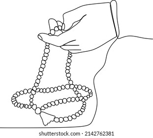 Continuous line drawing of palm hand hold islamic prayer bead. Single line art of ramadan kareem and ied mubarak concept. Vector illustration