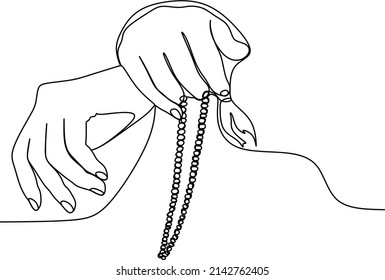 El contínuo dibujo de la mano de la palma sostiene el abalorio islámico. Una sola línea de arte de ramadan kareem y el concepto de mubarak muerto. Ilustración del vector
