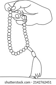 Continuous line drawing of palm hand hold islamic prayer bead. Single line art of ramadan kareem and ied mubarak concept. Vector illustration