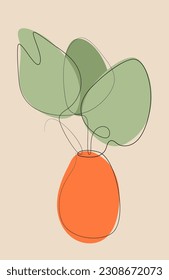 Continuous line drawing of palm leaves in a vase. Interior poster, home decor, print. Vector illustration.