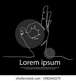 Continuous line drawing. Palm with space for letters, black background, Vector illustration for