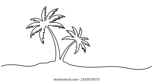 Continuous Line Drawing of a Palm Tree – Tropical Vector Design, Palm tree single line drawing of continuous one line vector art outline illustration, one line drawing of Palm trees on a beach. 