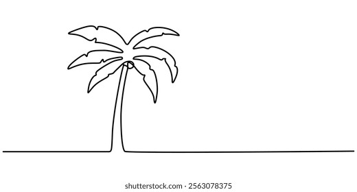 Continuous Line Drawing of a Palm Tree – Tropical Vector Design, Palm tree single line drawing of continuous one line vector art outline illustration, one line drawing of Palm trees on a beach. 