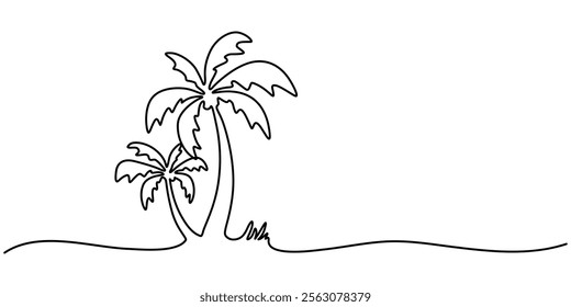 Continuous Line Drawing of a Palm Tree – Tropical Vector Design, Palm tree single line drawing of continuous one line vector art outline illustration, one line drawing of Palm trees on a beach. 