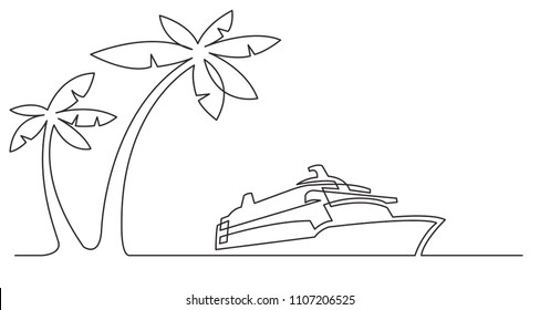 Continuous Line Drawing Of Palm Trees And Cruise Ship