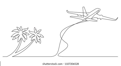 Continuous Line Drawing Of Palm Trees On Beach And Airplane