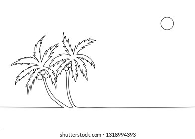 Continuous line drawing of palm trees with coconuts. 