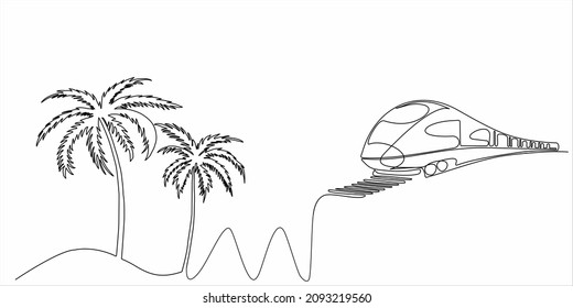 
continuous line drawing of palm trees and train