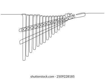 Dibujo de línea continua de una flauta Pan, ilustrando el instrumento de música tradicional de Latina América con un diseño minimalista.