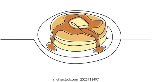 Dibujo de línea continua de panqueques con cobertura de crema. Cuenta con el postre en un diseño minimalista y elegante.