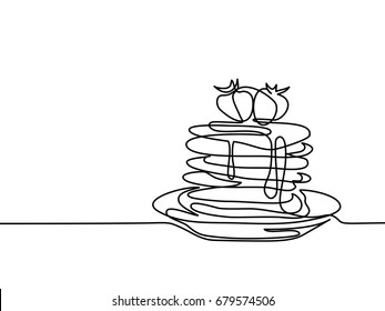 Continuous line drawing. Pancakes with strawberry jam on plate. Vector illustration black line on white background.