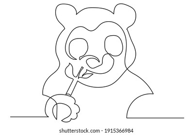 Continuous line drawing panda bear eating a branch. Environmental protection concept.