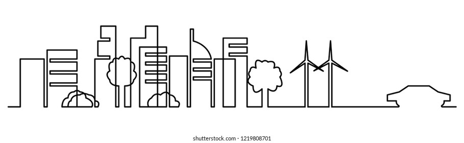Continuous line, drawing of Panorama City landscape template. Thin line City landscape. Downtown landscape with high skyscrapers. Architecture Government buildings Isolated outline illustration. 
