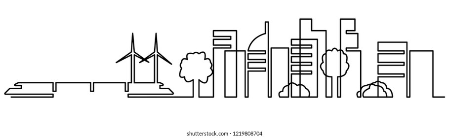 Continuous line, drawing of Panorama City landscape template. Thin line City landscape. Downtown landscape with high skyscrapers. Architecture Government buildings Isolated outline illustration. 