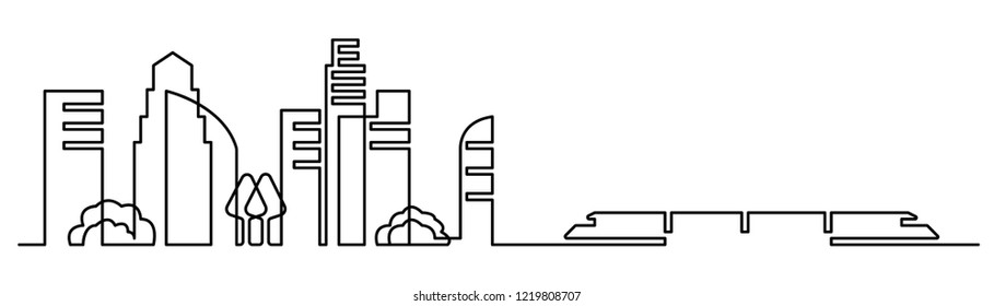 Continuous line, drawing of Panorama City landscape template. Thin line City landscape. Downtown landscape with high skyscrapers. Architecture Government buildings Isolated outline illustration. 