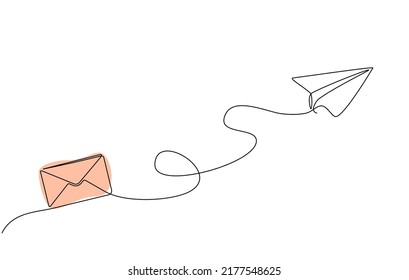 Dibujo continuo de líneas del avión de papel con sobre. Nuevo concepto de mensaje. Carta enviada por correo electrónico. Marketing de medios sociales en línea. Arte de una sola línea de avión de papel con sobre en estilo doodle.