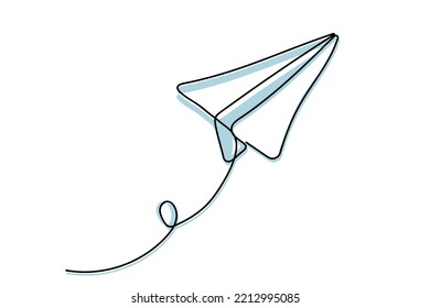 Dibujo continuo de líneas del avión de papel con sombras azules. El concepto de avión volando símbolo de creatividad y libertad.