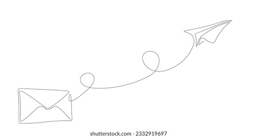 Continuous line drawing of paper airplane with envelope flying up. New message or newsletter concept in single line style. Airplane with destination line path. Online social media marketing.