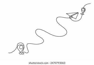 Continuous line drawing of paper airplane, destination line path of airplane flight route with starting point location, Path with location pins. Distance from one point to another in doodle style isol