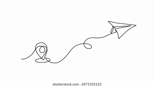 Continuous line drawing of paper airplane, destination line path of airplane flight route with starting point location, vector Illustration hand drawn isolated on white background