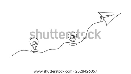 Continuous line drawing of paper airplane, destination line path of airplane flight route with location points isolated on white background, Travel, Holiday, tourism or business concept