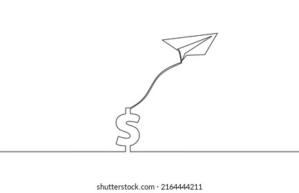 Kontinuierliche Zeichnung der Papierebene mit dem Dollar, Geschäftswachstum, Objekt-eine-Linie, Einzelkunst, Vektorgrafik