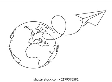 Continuous Line Drawing Paper Plane Taking Off From A Map And Flying Symbol For Travel Or Journey Illustration Vector