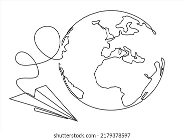 Continuous Line Drawing Paper Plane Taking Off From A Map And Flying Symbol For Travel Or Journey Illustration Vector