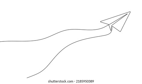Continuous line drawing of paper plane. Airplane linear icon. One line drawing background. Vector illustration. Travel concept icon.