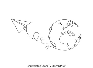 continuous line drawing paper plane taking off from a map and flying symbol for travel or journey illustration vector