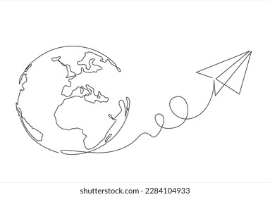 plano de papel de dibujo de línea continua despegando de un mapa y símbolo de vuelo para vector de ilustración de viaje o de viaje