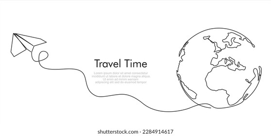 continuous line drawing paper plane taking off from a map and flying symbol for travel or journey illustration vector