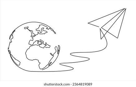 plano de papel de dibujo de línea continua despegando de un mapa y símbolo de vuelo para vector de ilustración de viaje o de viaje