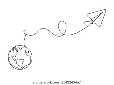 Continuous line drawing of paper plane taking off from a map and flying symbol for travel or journey vector illustration 