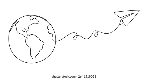 continuous line drawing paper plane taking off from a map and flying symbol for travel or journey illustration vector, One continuous line drawing of Earth globe with paper airplane, Can used for logo